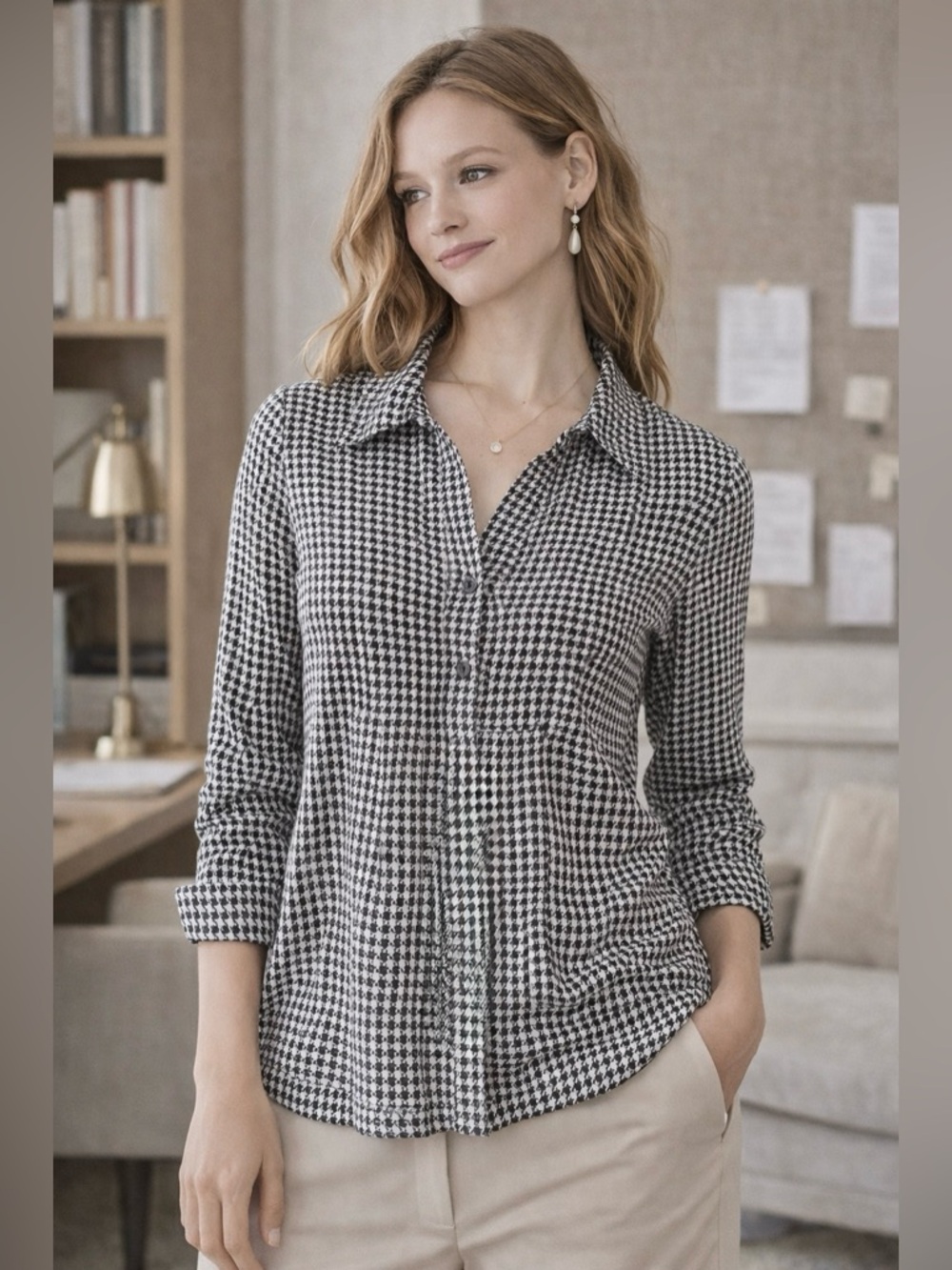 J. Jill Black White Houndstooth Button Front Blouse Medium Rayon Classic